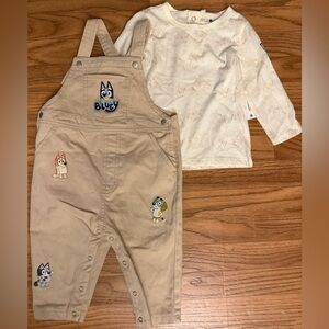 ⭐️2/$12 12-18m Bluey Beige Outfit Set T-Shirt and Overalls for baby toddler